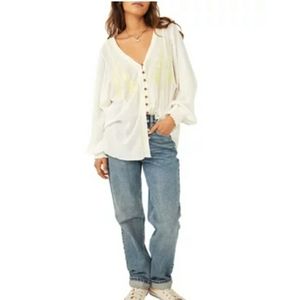 Free People Balloon Sleeve Emrboidered Top
